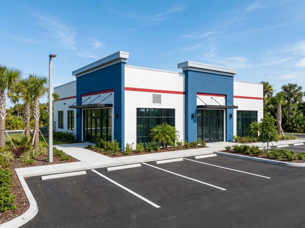 Freshly painted commercial building with blue and red accent details