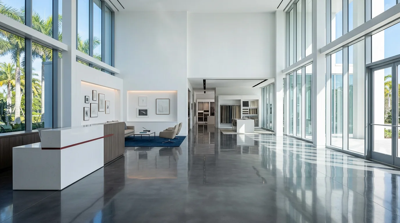 Luxury commercial showroom with reflective polished concrete flooring