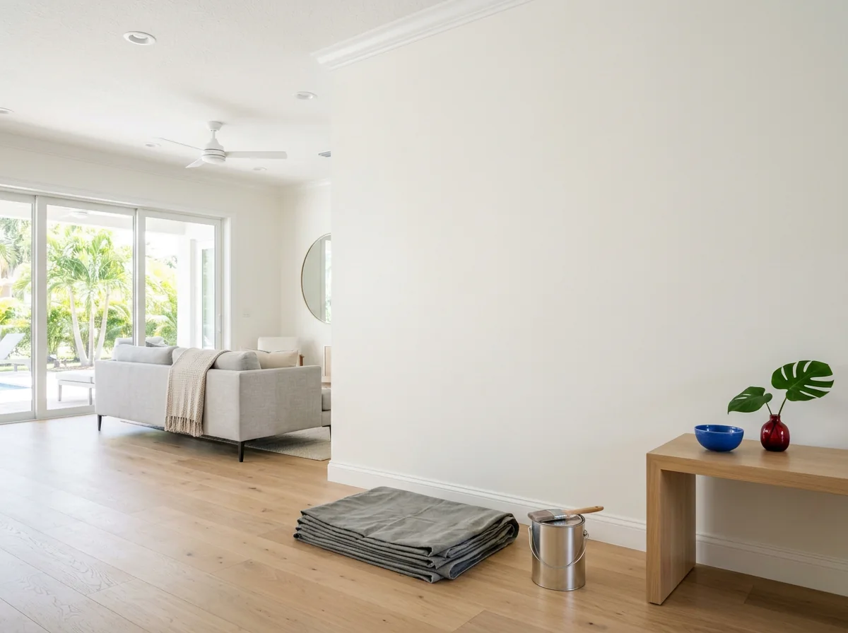 Bright Florida interior room with freshly painted smooth wall