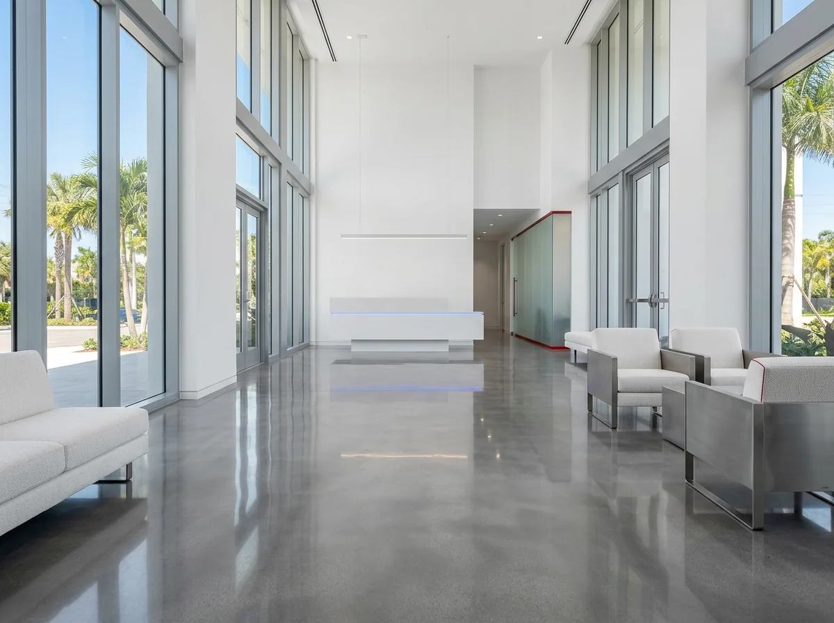 Prestigious lobby with reflective polished concrete floors and tall glass walls